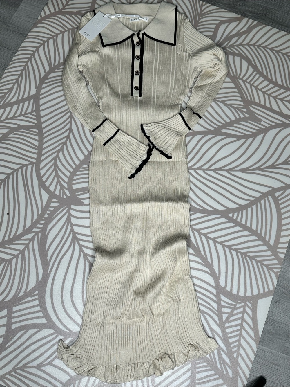 Grace Karin Cream Ribbed Polo Midi Dress with Black Trim